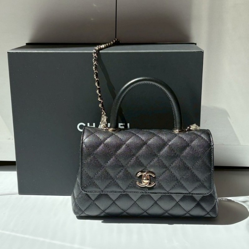 Chanel 淡金鍊帶黑荔枝皮coco handle 23-0