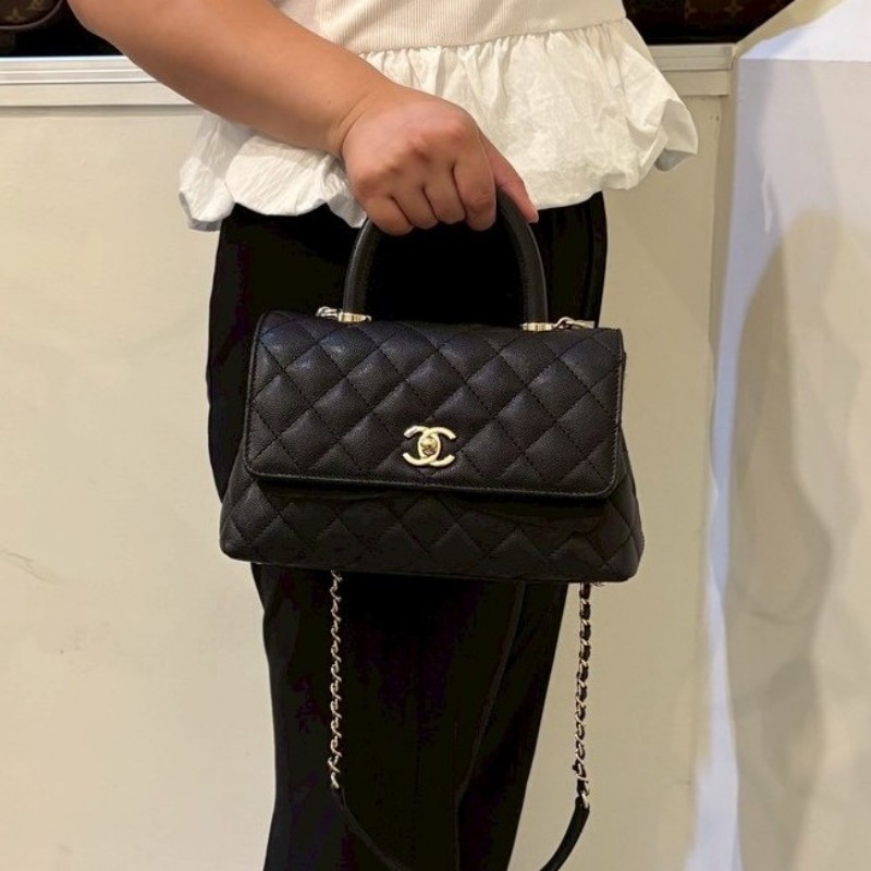 Chanel 淡金鍊帶黑荔枝皮coco handle 23-2