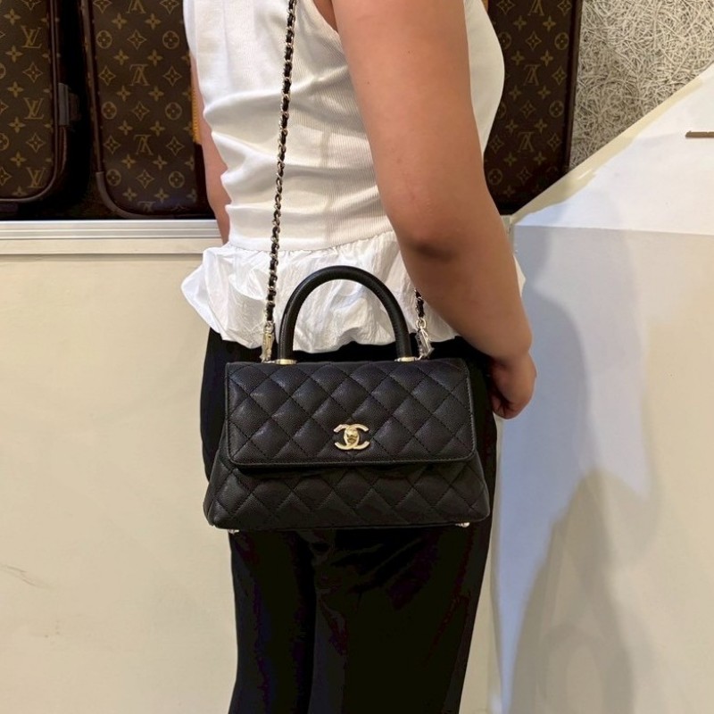 Chanel 淡金鍊帶黑荔枝皮coco handle 23-3