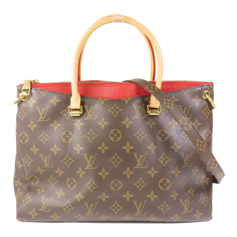 LOUIS VUITTON Monogram Pallas金扣手挽肩背兩用袋棕色/紅色-0