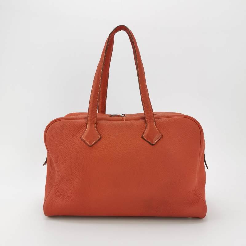 Hermes Victoria 35 對向拉鍊 單肩包Clemence(TC) 牛皮 銀扣 9M鮭魚色框 O刻-4