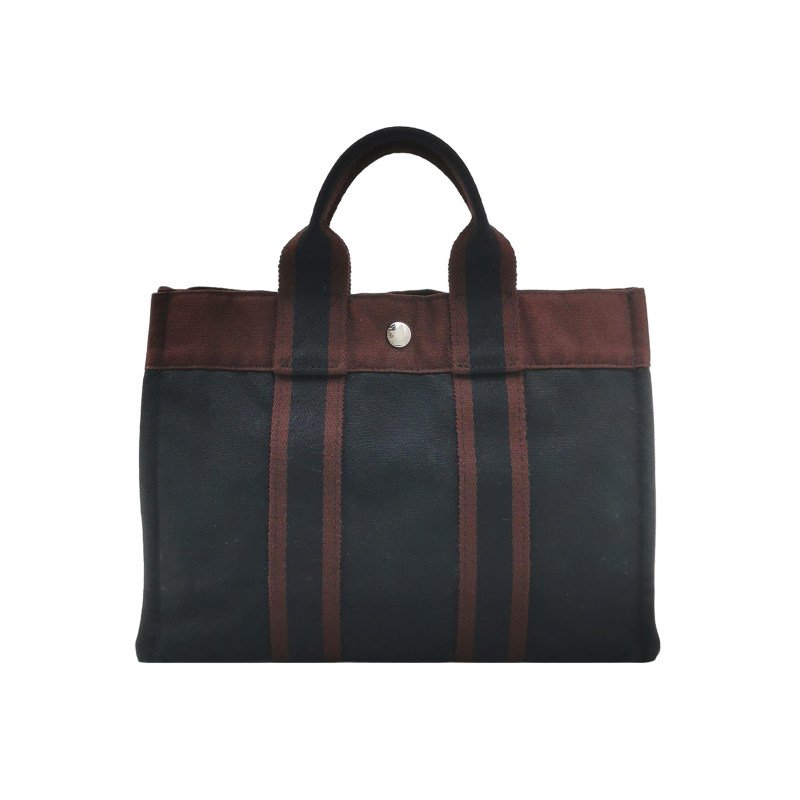 Hermes Fourre Tout 小號 條紋 按扣 手提包 帆布 銀扣 89黑色 紅棕色-0
