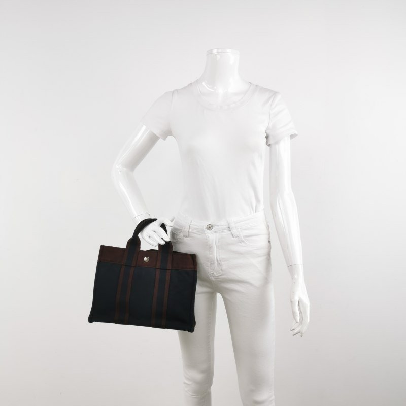Hermes Fourre Tout 小號 條紋 按扣 手提包 帆布 銀扣 89黑色 紅棕色-1