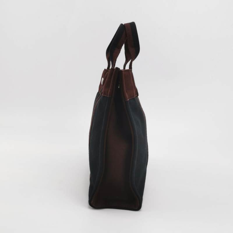 Hermes Fourre Tout 小號 條紋 按扣 手提包 帆布 銀扣 89黑色 紅棕色-3
