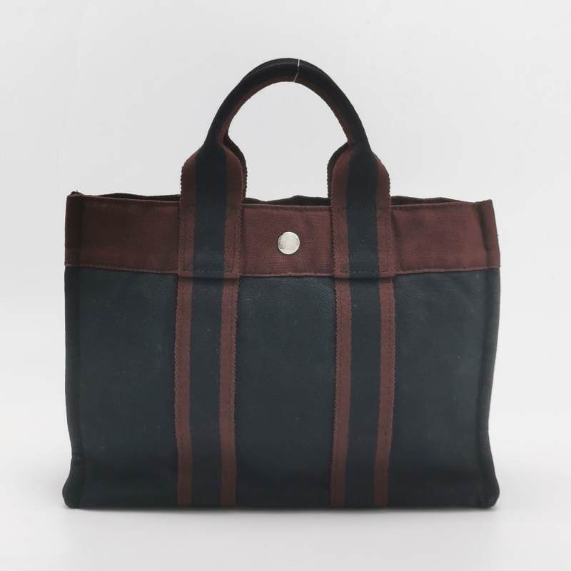 Hermes Fourre Tout 小號 條紋 按扣 手提包 帆布 銀扣 89黑色 紅棕色-4