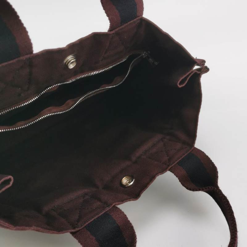 Hermes Fourre Tout 小號 條紋 按扣 手提包 帆布 銀扣 89黑色 紅棕色-6