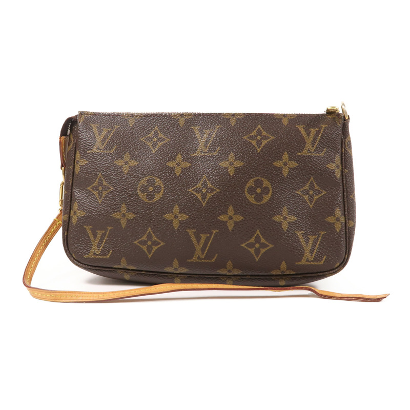 LOUIS VUITTON Monogram Pochette Accessoires金扣手挽袋棕色-0