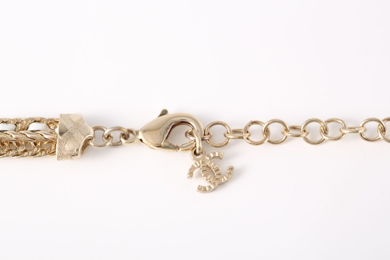 CHANEL(香奈兒)  合金 22S香奈兒 皮穿鏈條 頸鏈 雙Clogo水鑽-4