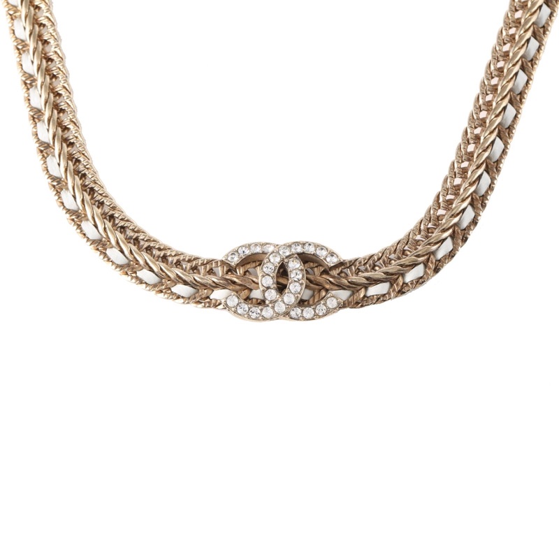 CHANEL(香奈兒)  合金 22S香奈兒 皮穿鏈條 頸鏈 雙Clogo水鑽-5