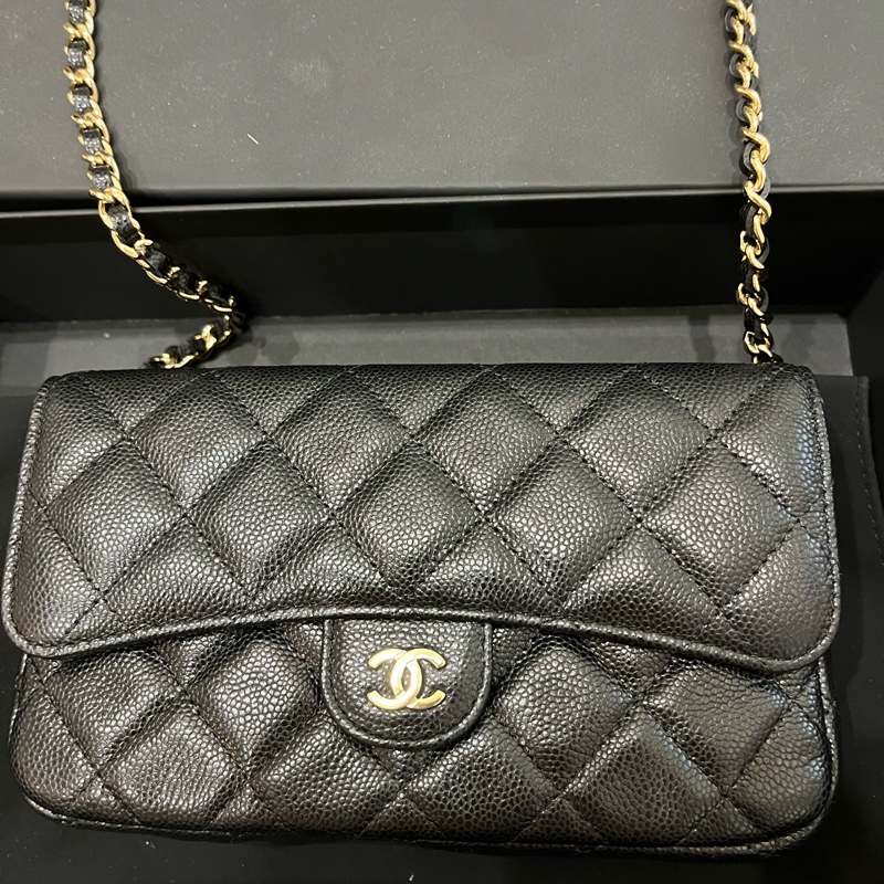 Chanel 香奈兒CF手機包二合一荔枝皮黑金-0