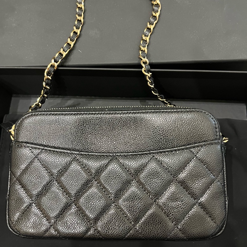 Chanel 香奈兒CF手機包二合一荔枝皮黑金-1