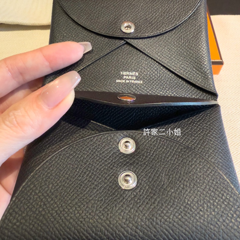 Hermes 二手閒置 98新閒置 Calvi Duo 黑色 雙層釦式零錢卡包-4