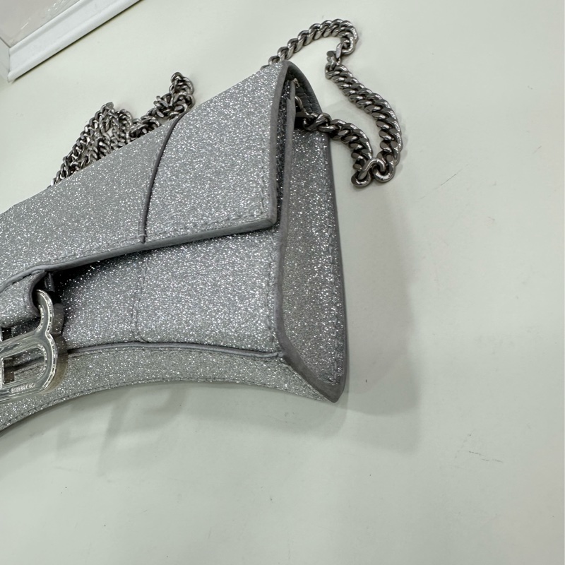 Balenciaga巴黎世家 hourglass 沙漏WOC做舊銀扣閃粉鏈條包-5