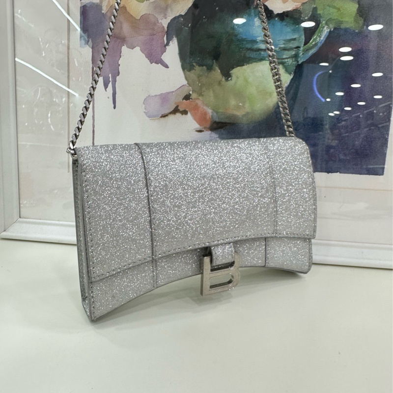 Balenciaga巴黎世家 hourglass 沙漏WOC做舊銀扣閃粉鏈條包-6
