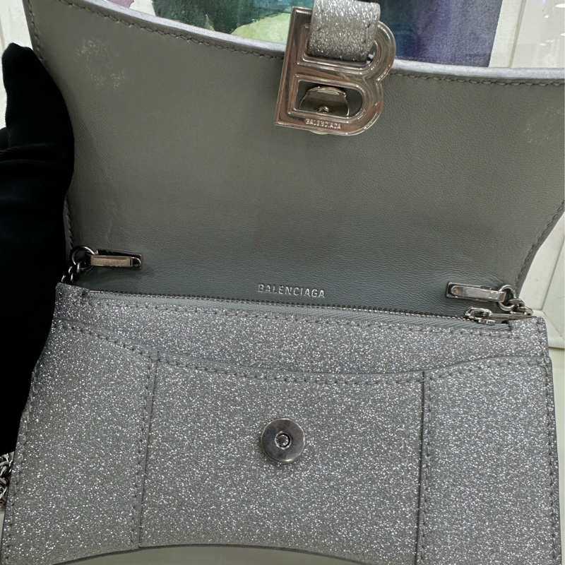 Balenciaga巴黎世家 hourglass 沙漏WOC做舊銀扣閃粉鏈條包-9