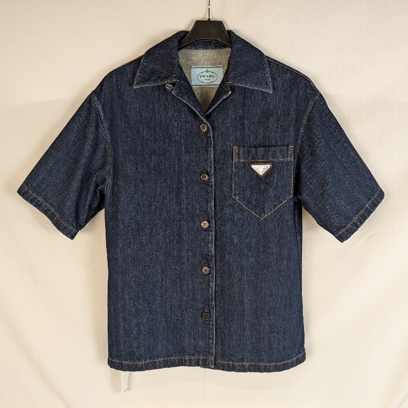 莉亞精品♡Prada 牛仔口袋短袖襯衫 尺碼36-0