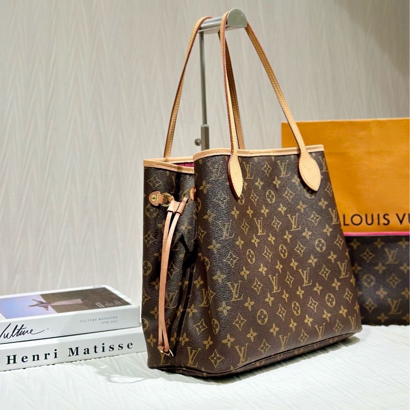 LV neverfull MM玫紅色內裡中號老花購物袋托特包-2