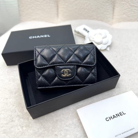Chanel 香奈兒小三折短夾 黑色金釦 荔枝皮 Mini 三折短夾 雙釦 短夾 AP0230