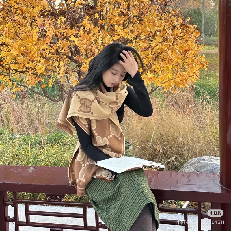 Gucci 緹花 大LOGO 雙面 羊毛 圍巾 披肩 披巾-4