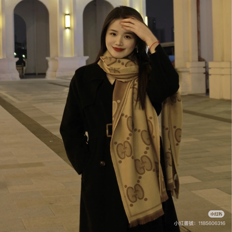 Gucci 緹花 大LOGO 雙面 羊毛 圍巾 披肩 披巾-6