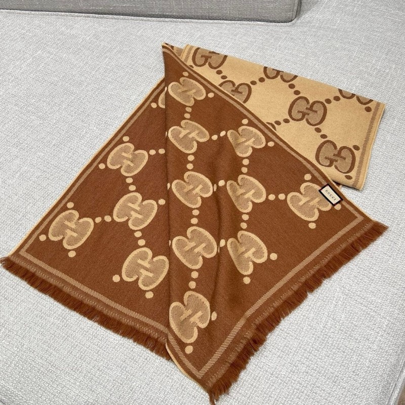 Gucci 緹花 大LOGO 雙面 羊毛 圍巾 披肩 披巾-12