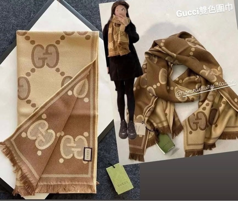 Gucci 緹花 大LOGO 雙面 羊毛 圍巾 披肩 披巾-14