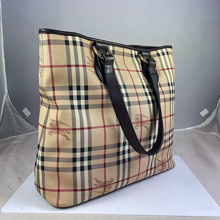 【B0434】BURBERRY駝色 PVC 戰馬格紋直立托特包-1