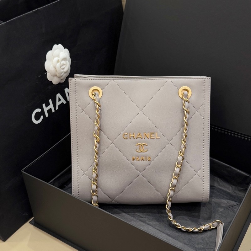 Chanel 21ss灰金方格牛皮小號單肩Tote托特包 晶片款-0