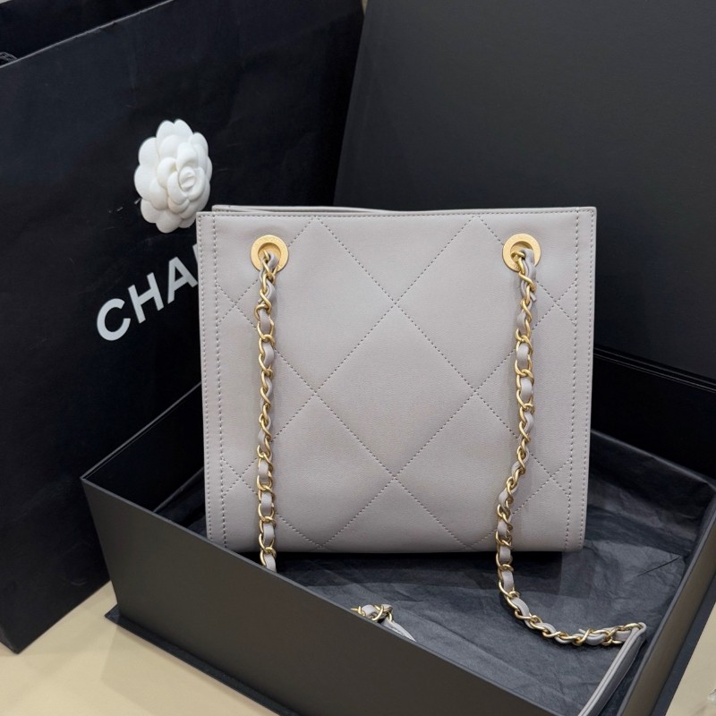 Chanel 21ss灰金方格牛皮小號單肩Tote托特包 晶片款-2