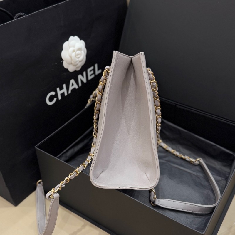 Chanel 21ss灰金方格牛皮小號單肩Tote托特包 晶片款-3