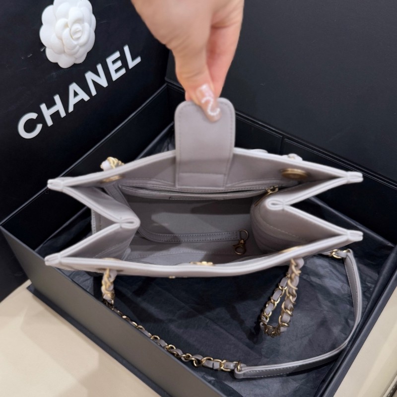Chanel 21ss灰金方格牛皮小號單肩Tote托特包 晶片款-5