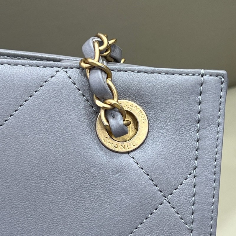 Chanel 21ss灰金方格牛皮小號單肩Tote托特包 晶片款-6