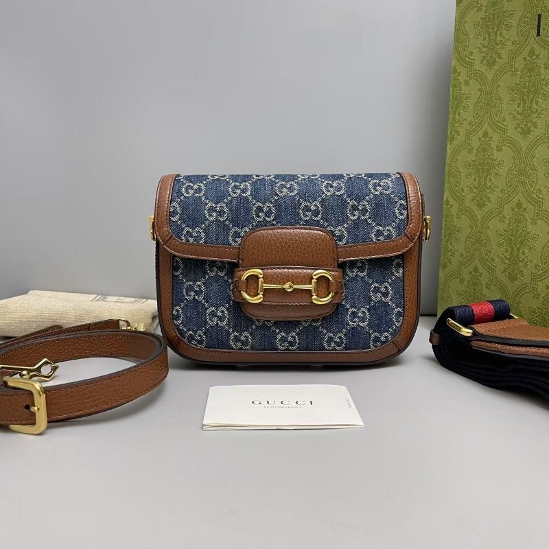 Gucci古馳 1955mini牛仔雙G焦糖色雙肩帶馬鞍肩背包斜背包-0