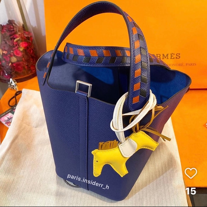 平台最低近新限量款✨愛馬仕Hermes picotin lock 22特殊雙色編織手把菜籃子琉璃藍寶石藍銀扣Epsom皮C刻-0
