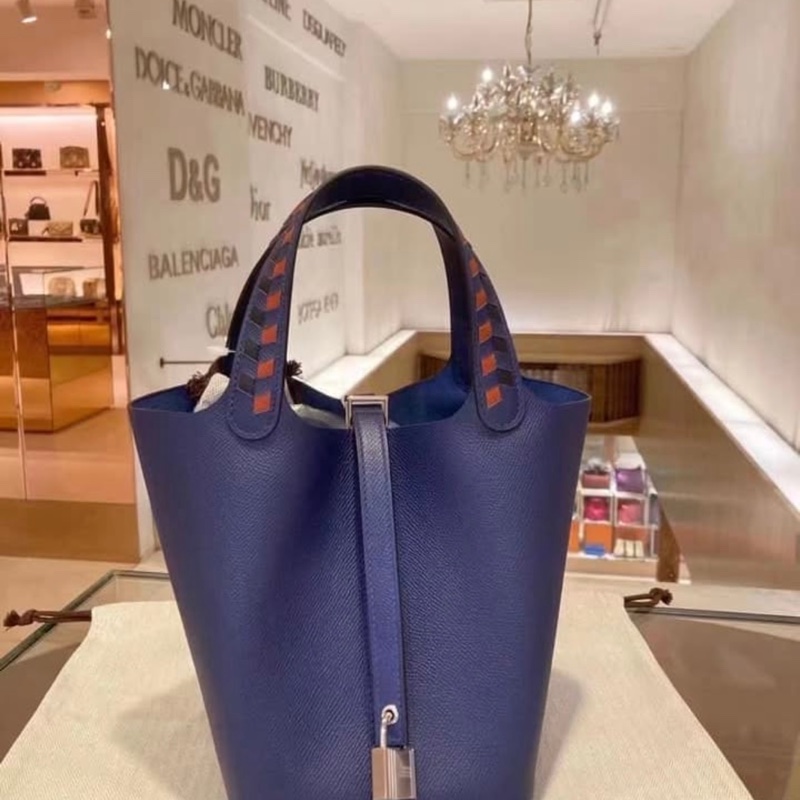 平台最低近新限量款✨愛馬仕Hermes picotin lock 22特殊雙色編織手把菜籃子琉璃藍寶石藍銀扣Epsom皮C刻-2