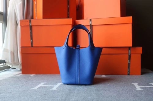 平台最低近新限量款✨愛馬仕Hermes picotin lock 22特殊雙色編織手把菜籃子琉璃藍寶石藍銀扣Epsom皮C刻-3