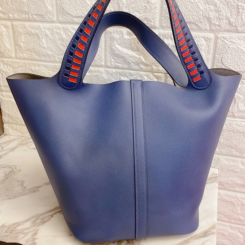 平台最低近新限量款✨愛馬仕Hermes picotin lock 22特殊雙色編織手把菜籃子琉璃藍寶石藍銀扣Epsom皮C刻-12