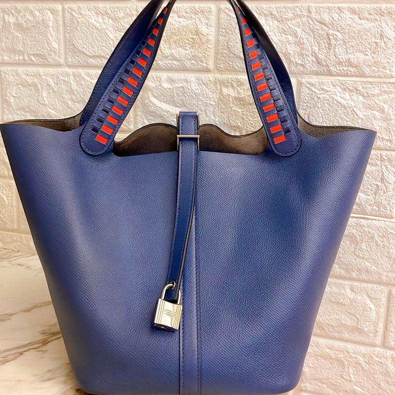 平台最低近新限量款✨愛馬仕Hermes picotin lock 22特殊雙色編織手把菜籃子琉璃藍寶石藍銀扣Epsom皮C刻-8