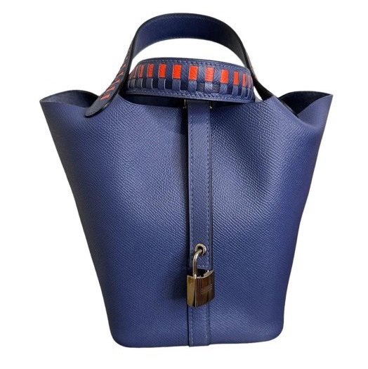 平台最低近新限量款✨愛馬仕Hermes picotin lock 22特殊雙色編織手把菜籃子琉璃藍寶石藍銀扣Epsom皮C刻-6