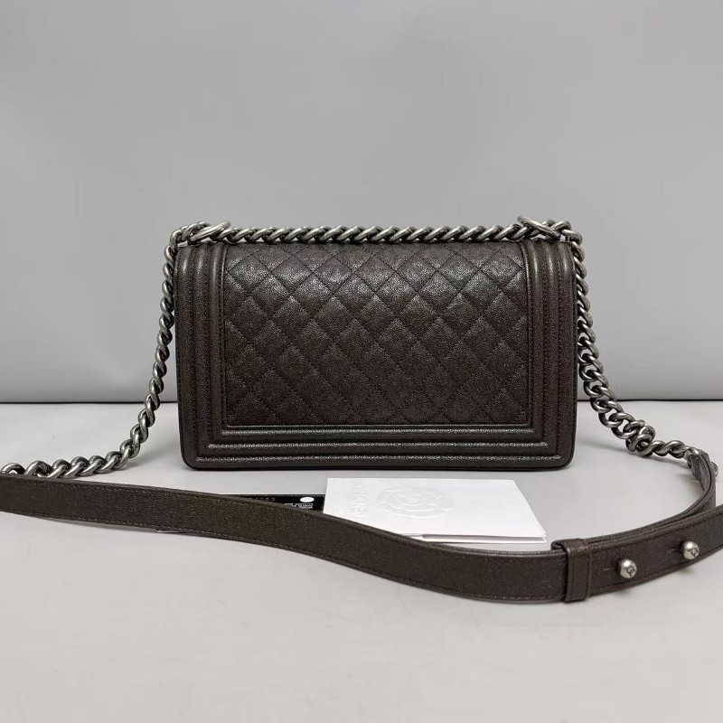 🈶發票 Chanel香奈兒 leboy中號深棕色牛皮荔枝紋包肩背包斜背包-1