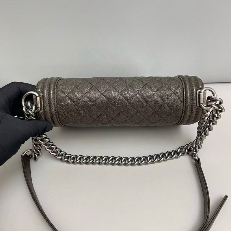 🈶發票 Chanel香奈兒 leboy中號深棕色牛皮荔枝紋包肩背包斜背包-7