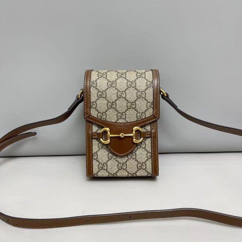 Gucci古馳 馬銜扣1955老花焦糖色手機包斜背包-0