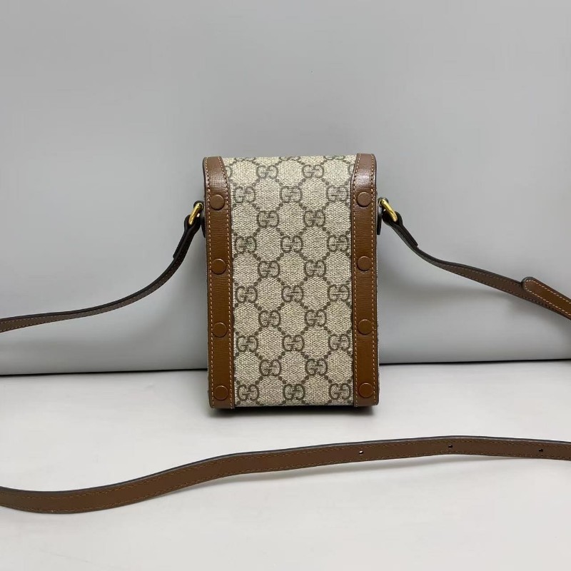 Gucci古馳 馬銜扣1955老花焦糖色手機包斜背包-1