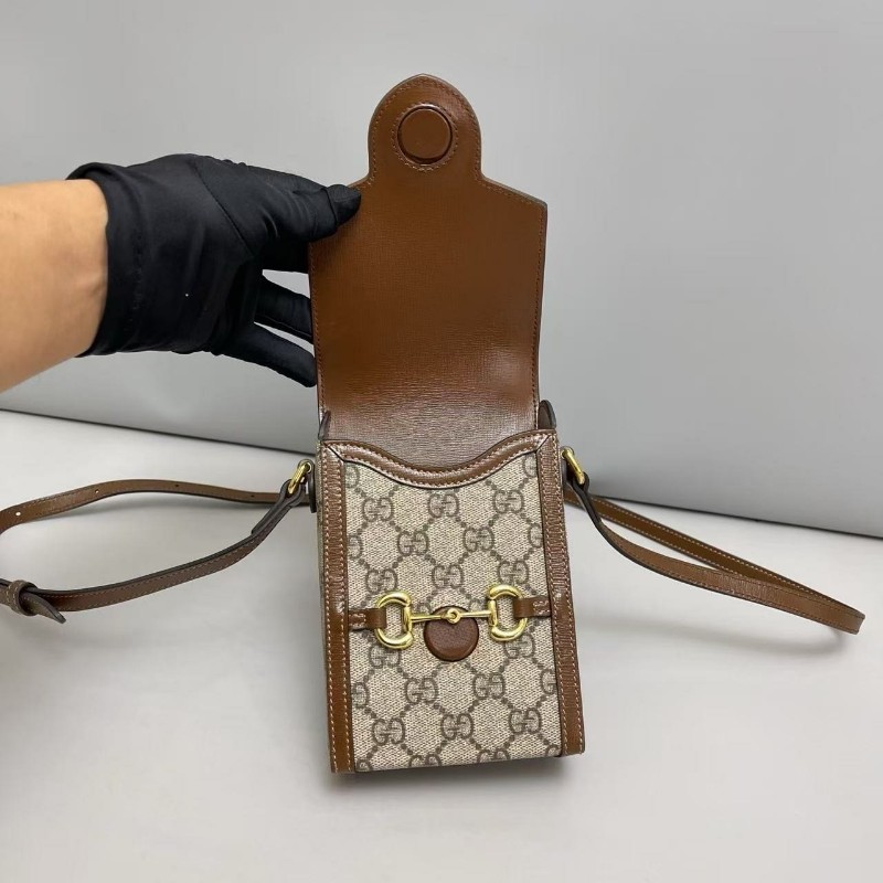 Gucci古馳 馬銜扣1955老花焦糖色手機包斜背包-4