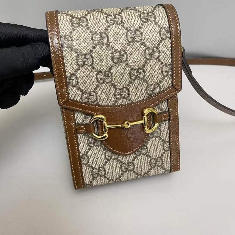 Gucci古馳 馬銜扣1955老花焦糖色手機包斜背包-6