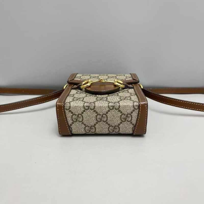 Gucci古馳 馬銜扣1955老花焦糖色手機包斜背包-7