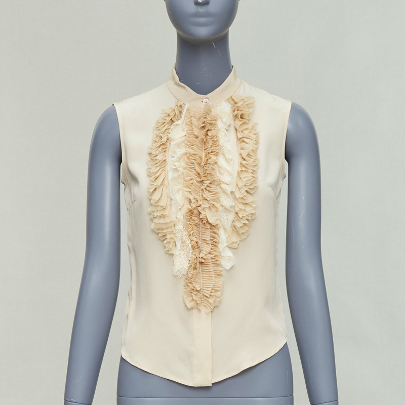 PRADA 2006 Vintage 100% silk ruffle front high collar sleeveless shirt IT38 XS-0