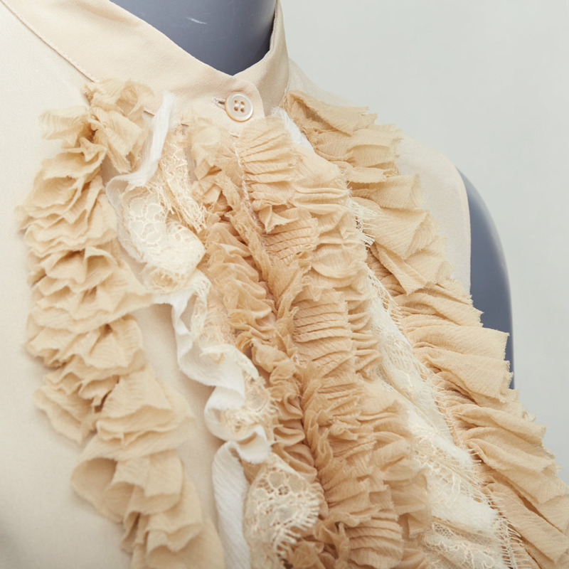 PRADA 2006 Vintage 100% silk ruffle front high collar sleeveless shirt IT38 XS-1
