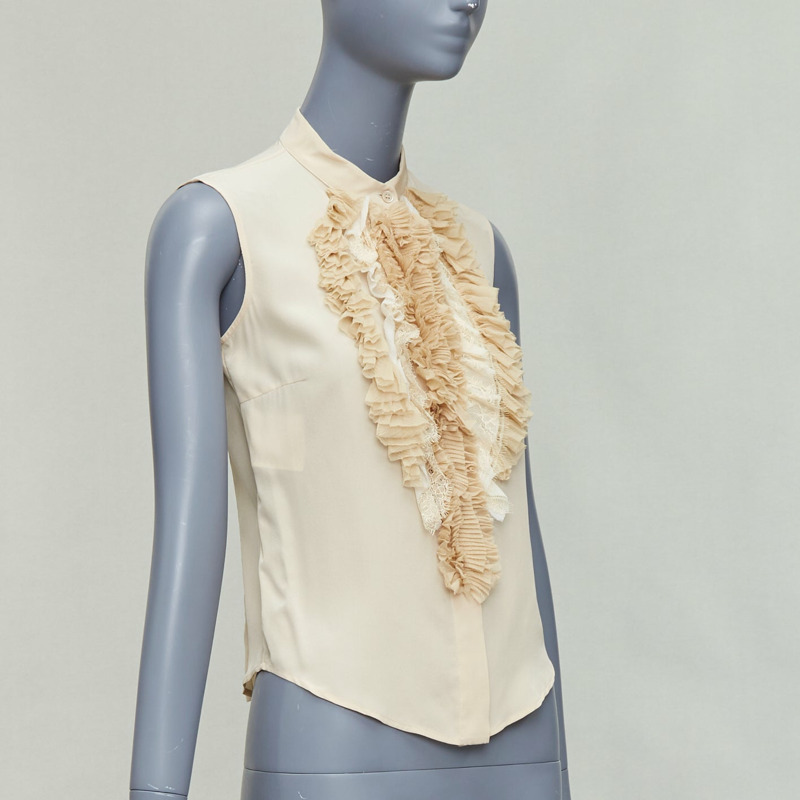 PRADA 2006 Vintage 100% silk ruffle front high collar sleeveless shirt IT38 XS-2