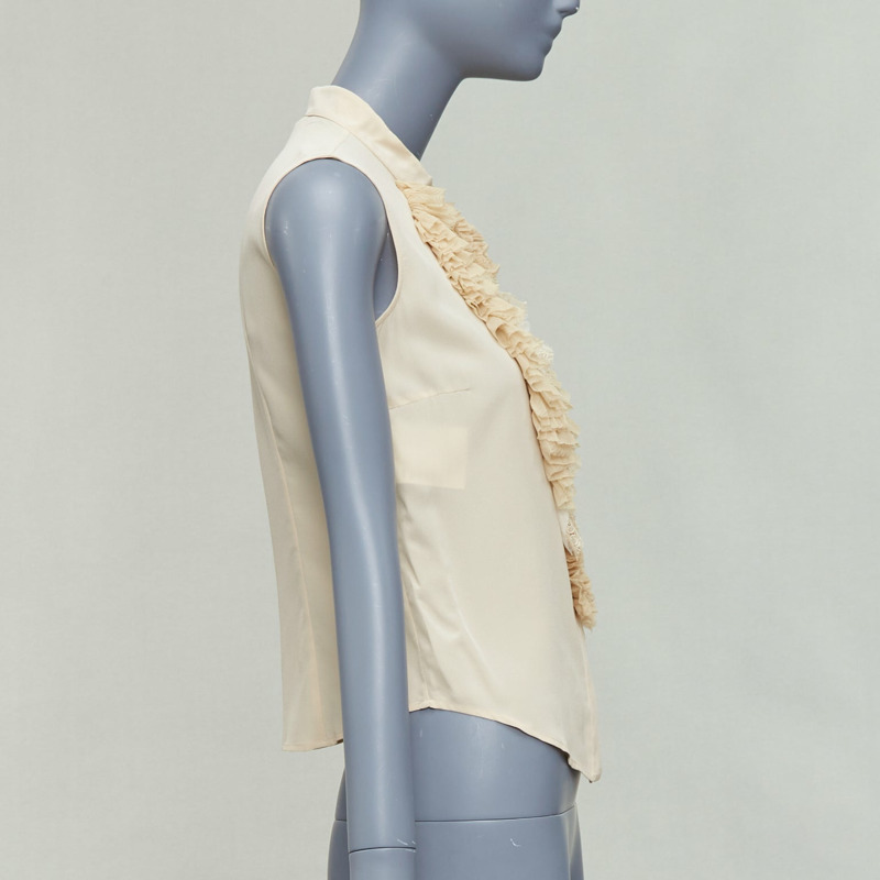 PRADA 2006 Vintage 100% silk ruffle front high collar sleeveless shirt IT38 XS-3